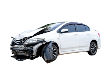 Front and side of white car get damaged by accident on the road. damaged cars after collision. isolated on transparent background, PNG file