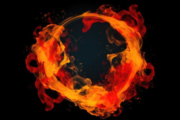 Fototapeta na wymiar moke round frame. Ink water mix. Occult wheel. Explosion smog cloud. Orange red yellow color fume circle whirl glow on dark black abstract background