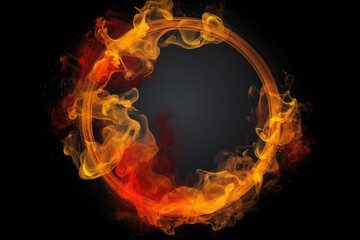moke round frame. Ink water mix. Occult wheel. Explosion smog cloud. Orange red yellow color fume circle whirl glow on dark black abstract background