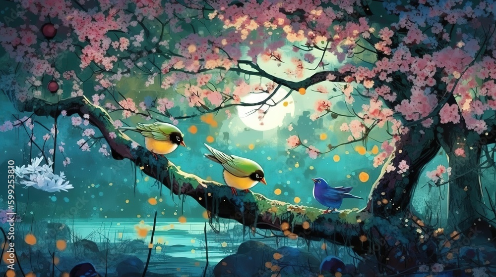 Aufkleber an image depicting two birds sitting on a limb of a tree generative ai