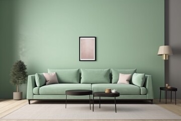 interior decor furniture style contemporary living room wall modern green floor brick mint trendy. Generative AI.