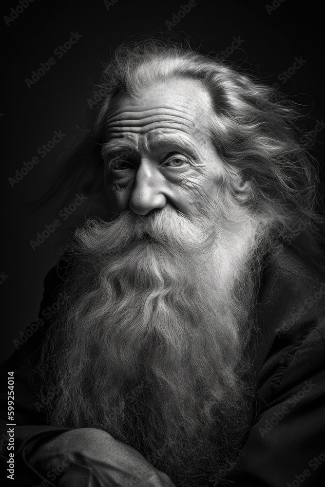 Poster a black and white photo of a man with a long beard. ai generative image. generative ai
