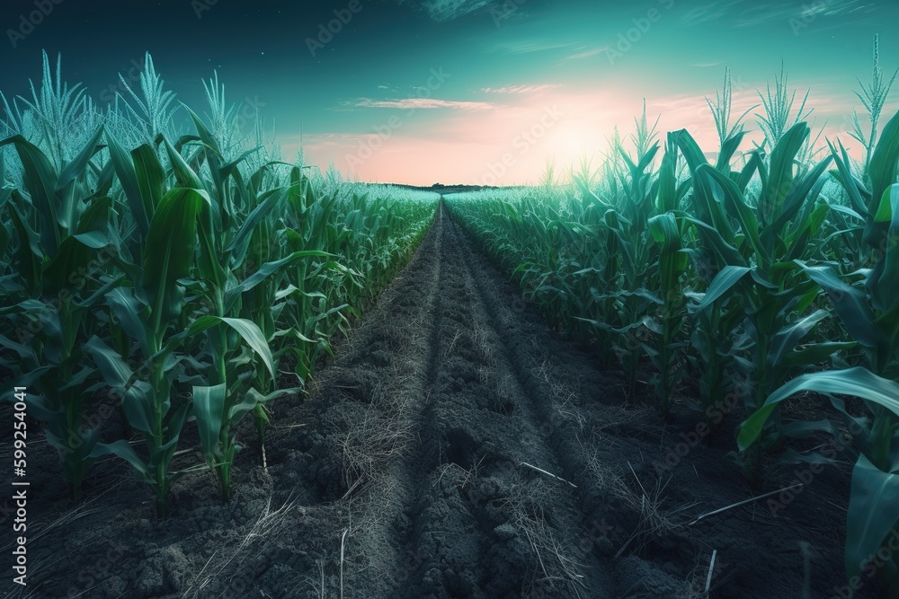 Poster a field of corn that has a dirt road running through the midst of it generative ai