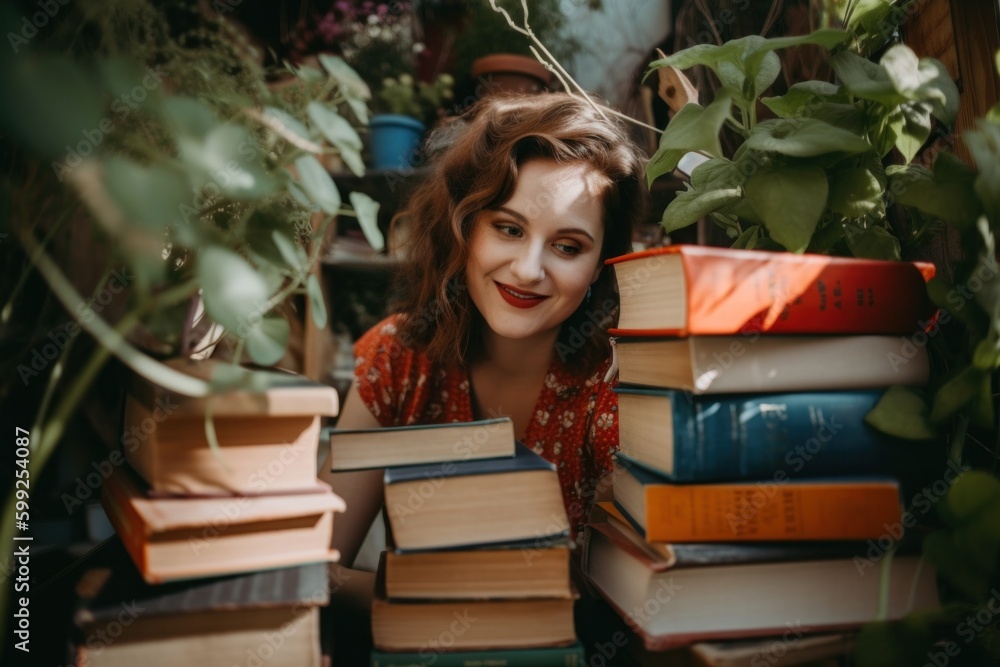 Poster a woman sitting in front of a pile of books. ai generative image. generative ai