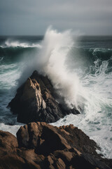 Fototapeta premium Wave crashing into rock generative AI