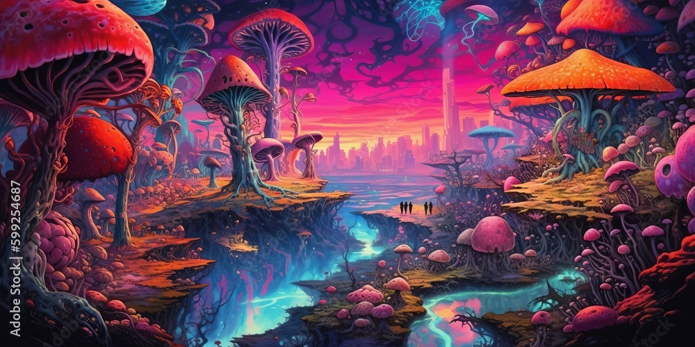 Wall mural landscape with the mushroom explosion psychedelic wallpaper