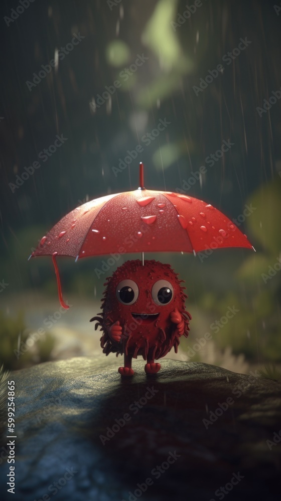Aufkleber a tiny cute unknown creature holding an umbrella in the rain. ai generative image. generative ai