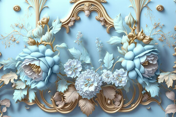 A wallpaper of a rococo blooms flowers dreamy intricate details pastel scheme blue gold tone fantasy fairytale aesthetic rococo luxurious style background, generative AI