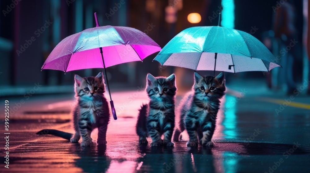 Poster three kittens are standing under umbrellas in the rain. ai generative image. generative ai