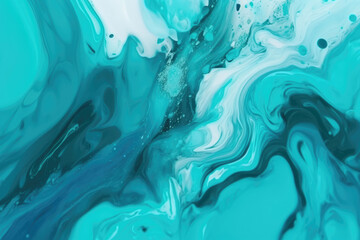 Obraz premium Acrylic ink water. Sea foam. Cyan blue ocean wave with white bubbles effect. Color gradient paint splash design. Smeared streak abstract pattern. Marble texture art background