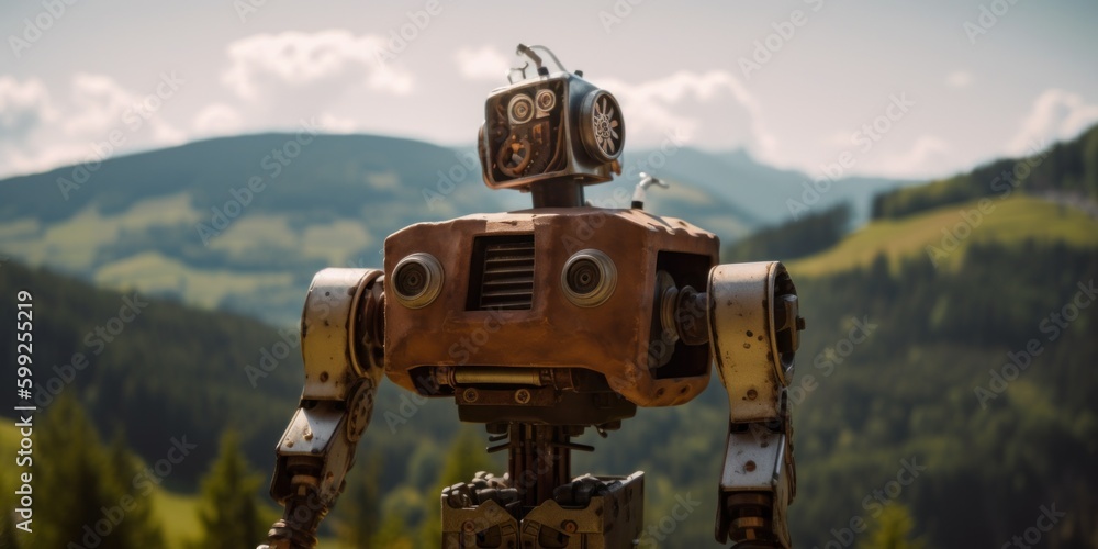 Poster a robot that is standing in the grass. ai generative image. generative ai