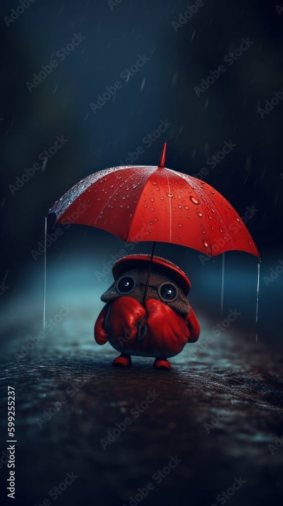 Poster a tiny cute unknown creature holding an umbrella in the rain. ai generative image. generative ai