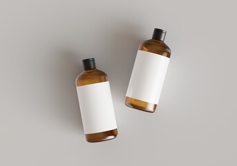 Two brown plastic cosmetic containers with labels, shampoo bottles laying on gray background front view 3D render mockup - obrazy, fototapety, plakaty