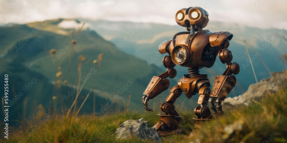 Poster A robot that is standing in the grass. AI generative image. Generative AI