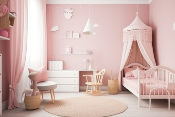 Fototapeta na wymiar Cozy child room, light colors, modern kids bedroom and playroom. Generative ai.