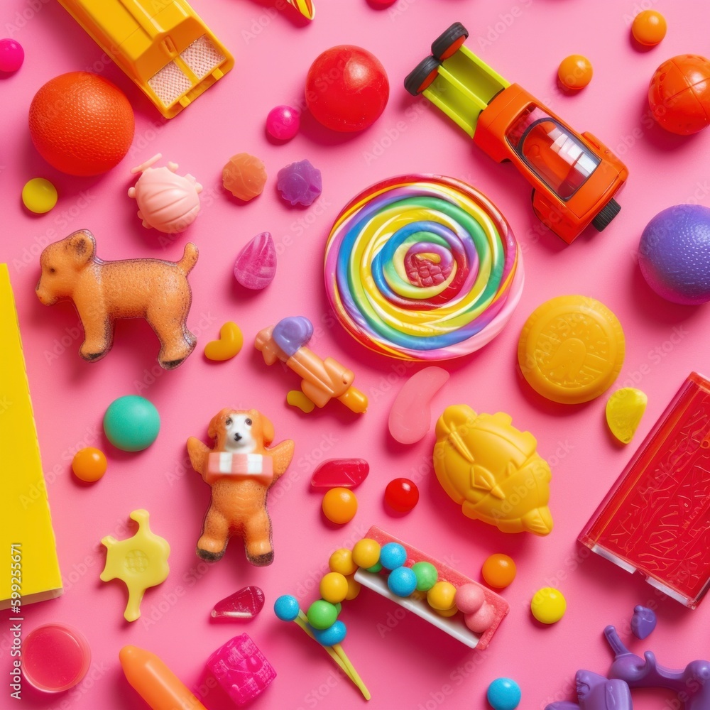 Poster a bunch of toys that are on a pink surface. ai generative image. generative ai