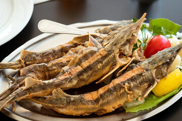Delicious traditional fish dish from Balkan cuisine (Serbia food )- grilled on barbeque Danube...