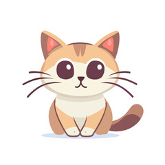 Fototapeta na wymiar Cartoon cat with a brown and white face sits on a white background