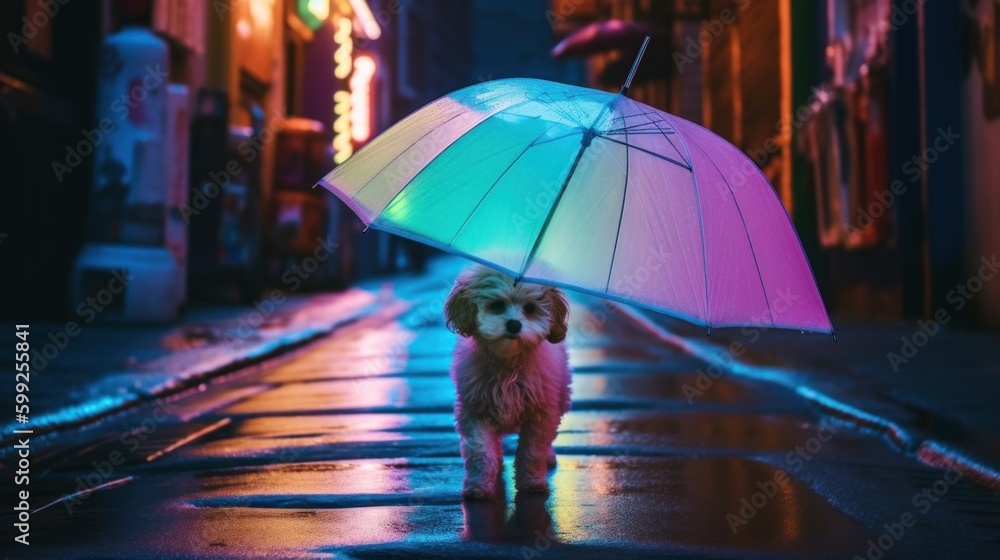 Poster a small dog standing under an umbrella in the rain. ai generative image. generative ai
