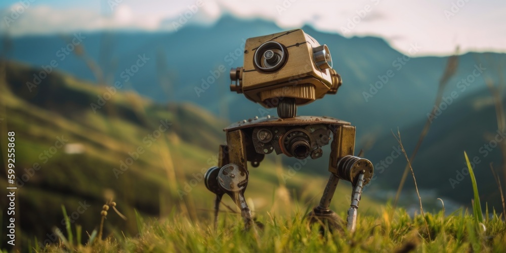 Poster a toy robot standing in the grass with mountains in the background. ai generative image. generative 