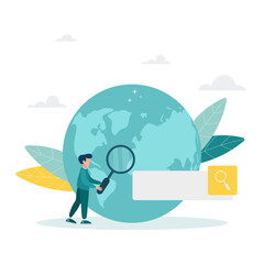 Search engine optimization and web analytics elements. Vector interface element with search button. The guy is holding a magnifying glass. Flat style.
