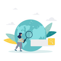 Search engine optimization and web analytics elements. Vector interface element with search button. The girl is holding a magnifying glass. Flat style. 