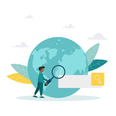 Search engine optimization and web analytics elements. Vector interface element with search button. The guy is holding a magnifying glass. Flat style. 
