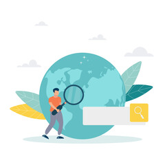 Search engine optimization and web analytics elements. Vector interface element with search button. The guy is holding a magnifying glass. Flat style. 