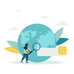 Search engine optimization and web analytics elements. Vector interface element with search button. The girl is holding a magnifying glass. Flat style.
