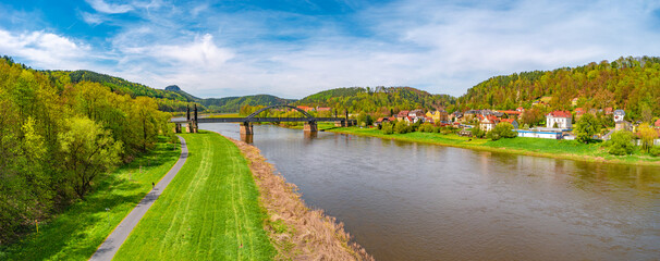 Bad Schandau, Saxony, Germany. Old railway bridge in the national park Saxon Switzerland by Dresden...