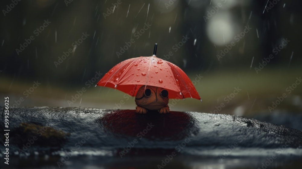 Poster a tiny cute unknown creature holding an umbrella in the rain. ai generative image. generative ai