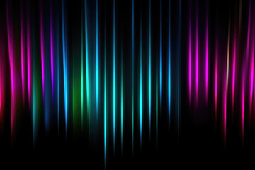 Neon gradient rays. Music abstract background. Festival illumination. Defocused fluorescent green pink blue color light on dark black free space poster