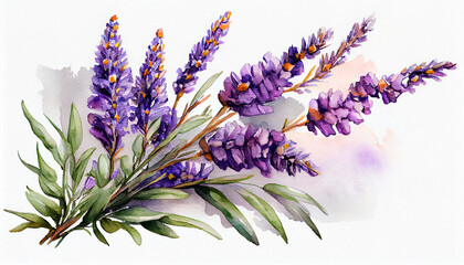 Bouquet of lavender flowers on a white background as a watercolor illustration, generative AI - obrazy, fototapety, plakaty