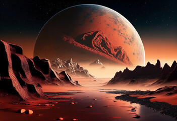 Beautiful fantastic landscape of Mars planet. AI Generated