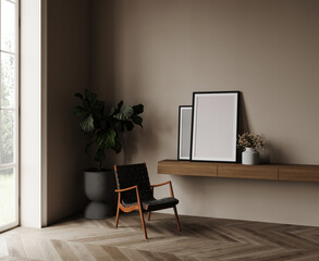 Home office with console table, wooden chair, ficus lyrata in concrete pot, empty photo or picture frames on the table. Large window to floor in living room, parquet board on the floor. 3d render