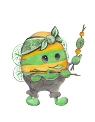 Green bee frying vegan kebab. Cartoon isolated illustration. Fairy-tale bright character with skewers. Watercolor drawing for May holidays and summer picnics