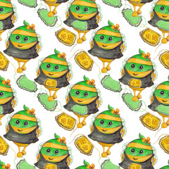 Bee chef in clothes with an apron. Cartoon isolated illustration. Watercolor seamless pattern