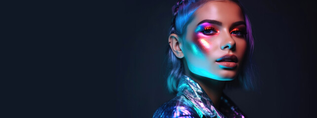 Naklejka premium Woman model in colorful bright neon color outfits posing in studio. High fashion photography. Generative AI