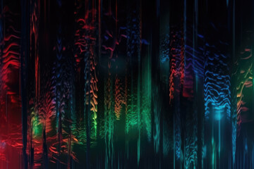 Neon noise background. Digital glitch. Futuristic distortion. Defocused blue red green color flare artifacts defect on dark black illustration abstract texture