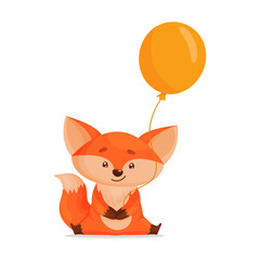 Cute baby fox holds yellow balloon in his hand. Vector illustration for designs, prints and patterns. Isolated on white background. Cartoon style