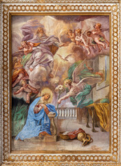 NAPLES, ITALY - APRIL 20, 2023: The fresco of  Annunciation in church Basilica di Santa Maria degli Angeli a Pizzofalcone by  Giovan Battista Beinaschi (1668-1675).