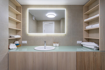 bathroom storage organization, vanity unit with sink, illuminated mirror, empty shelves