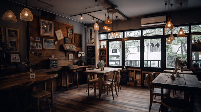 Dim-lit moody rustic coffee shop interior scene. Background art depicting a small coffee shop with rustic vibes and a quiet cozy atmosphere