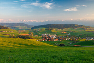 view of Biglen towards the alps in Emmental
