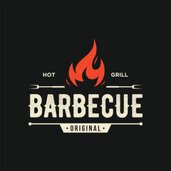 BBQ hot grill vintage typography Logo design with crossed flames and spatula. Logo for restaurant, badge,cafe and bar. - obrazy, fototapety, plakaty