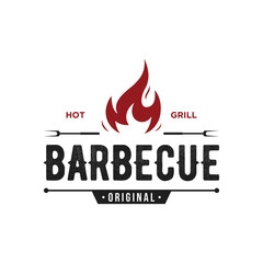 BBQ hot grill vintage typography Logo design with crossed flames and spatula. Logo for restaurant, badge,cafe and bar.