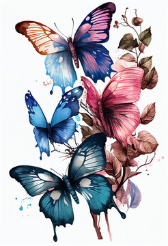 Beautiful multi-colored butterflies on a white background, painted in watercolor. AI Generated