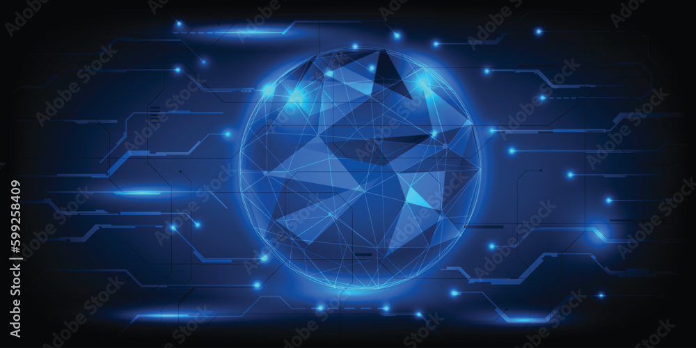 Poster vector illustrations of hologram hi tech globe floating on futuristic digital circuit line and glowi