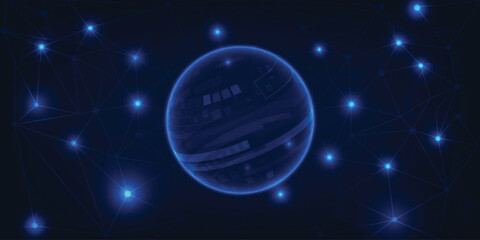 Vector illustrations of neon blue digital tech globe and hexagon network for digital marketing stratege and futuristic innovation technology theme artworks.