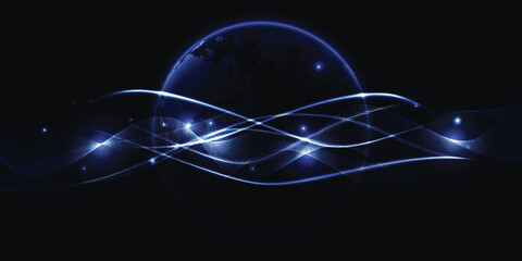 Vector illustrations of Abstract blue futuristic globe digital economic or metaverse with glowing particles around.Digital innovation and technology concepts.